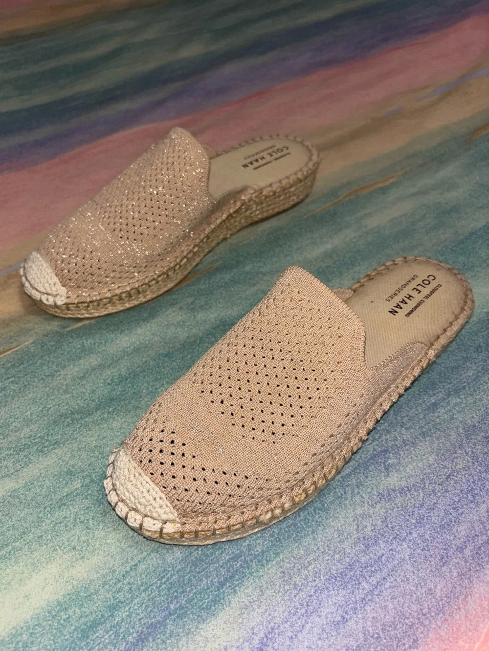 Cole Haan Cloudfeel Stitchlite Mule Espadrille Sesame Tan Gold Knit Size 7 B